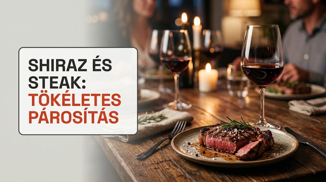 Egy pohár mélyvörös Shiraz bor, grillezett steak és feketebors szemek társaságában az asztalon