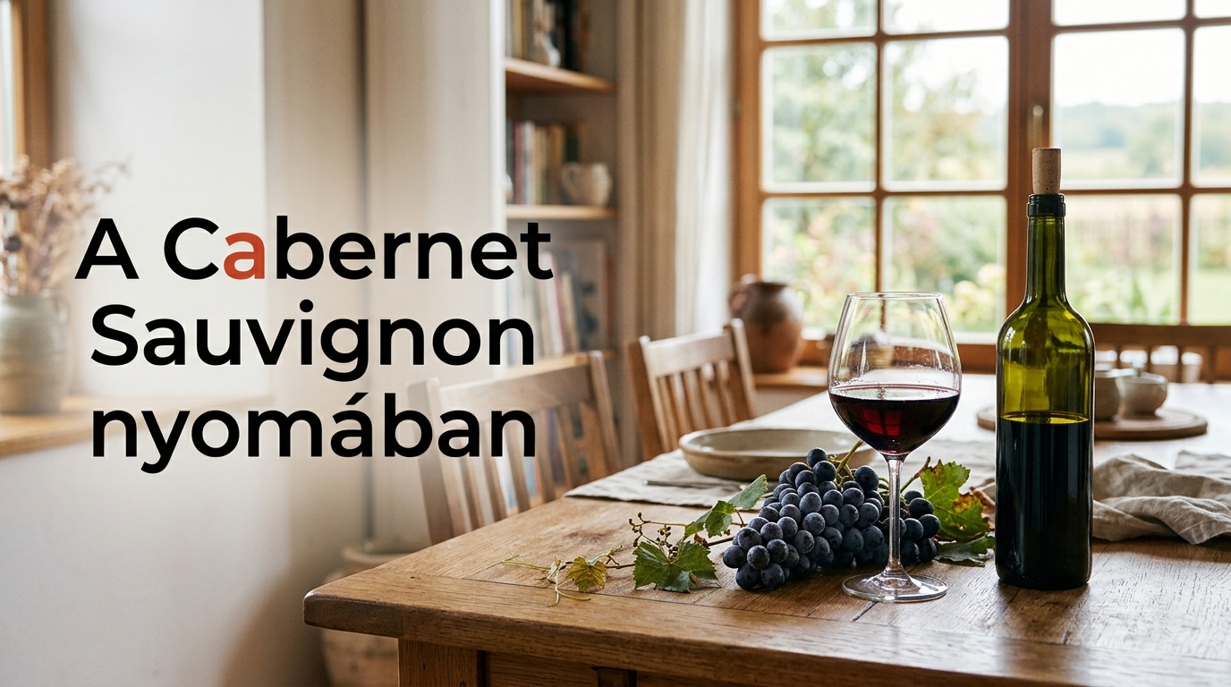 Cabernet Sauvignon szőlőfürtök és egy pohár vörösbor az asztalon