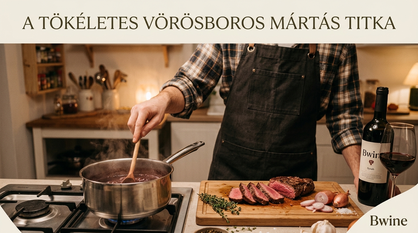 Lábasban sűrűsödő vörösboros mártás, mellette Syrah bor, egy pohár vörösbor és szeletelt marhahús